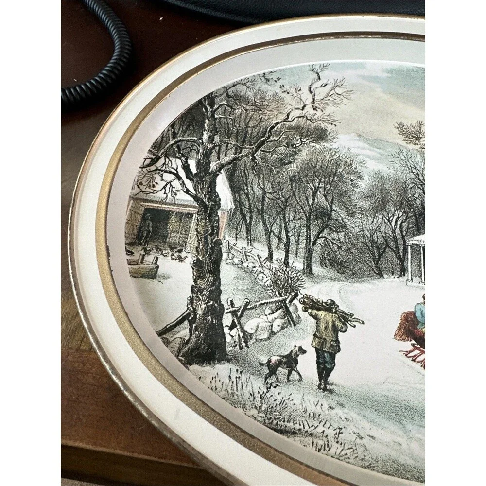 Vintage Currier & Ives Metal 1868 Oval Tray The American Homestead - Winter